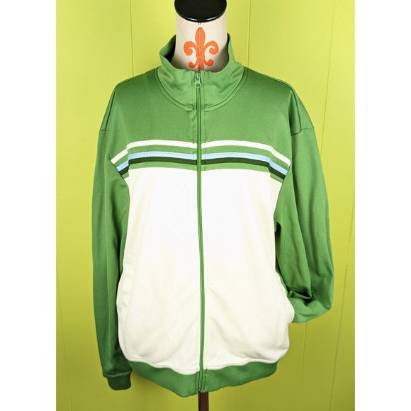SF/415 Mens XXL Track Jacket Green Cream White Blue Striped Pockets Full Zip EUC - Picture 1 of 10